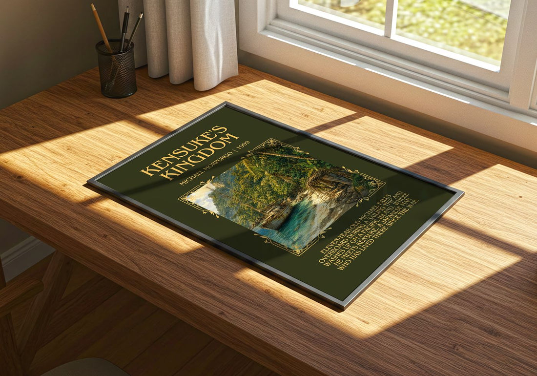 Kensuke's Kingdom Minimalist Book Poster by Michael Morpurgo – print on a sunlit desk