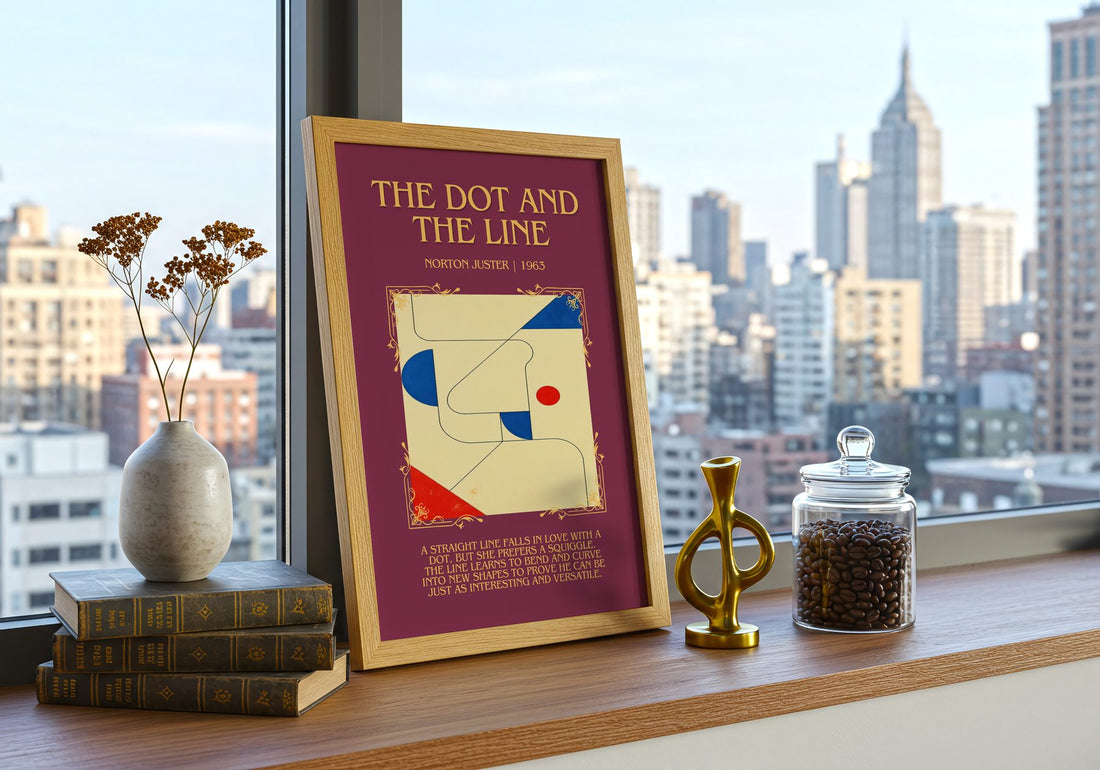 The Dot and the Line Minimalist Book Poster by Norton Juster – framed print on a city-view windowsill