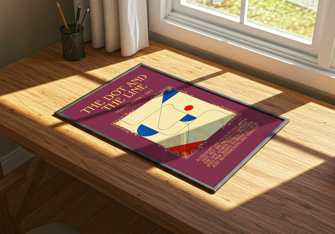 The Dot and the Line Minimalist Book Poster by Norton Juster – print on a sunlit desk
