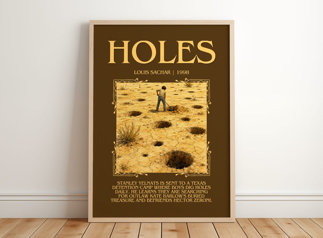 Holes Minimalist Book Poster by Louis Sachar – framed print leaning on a wooden floor