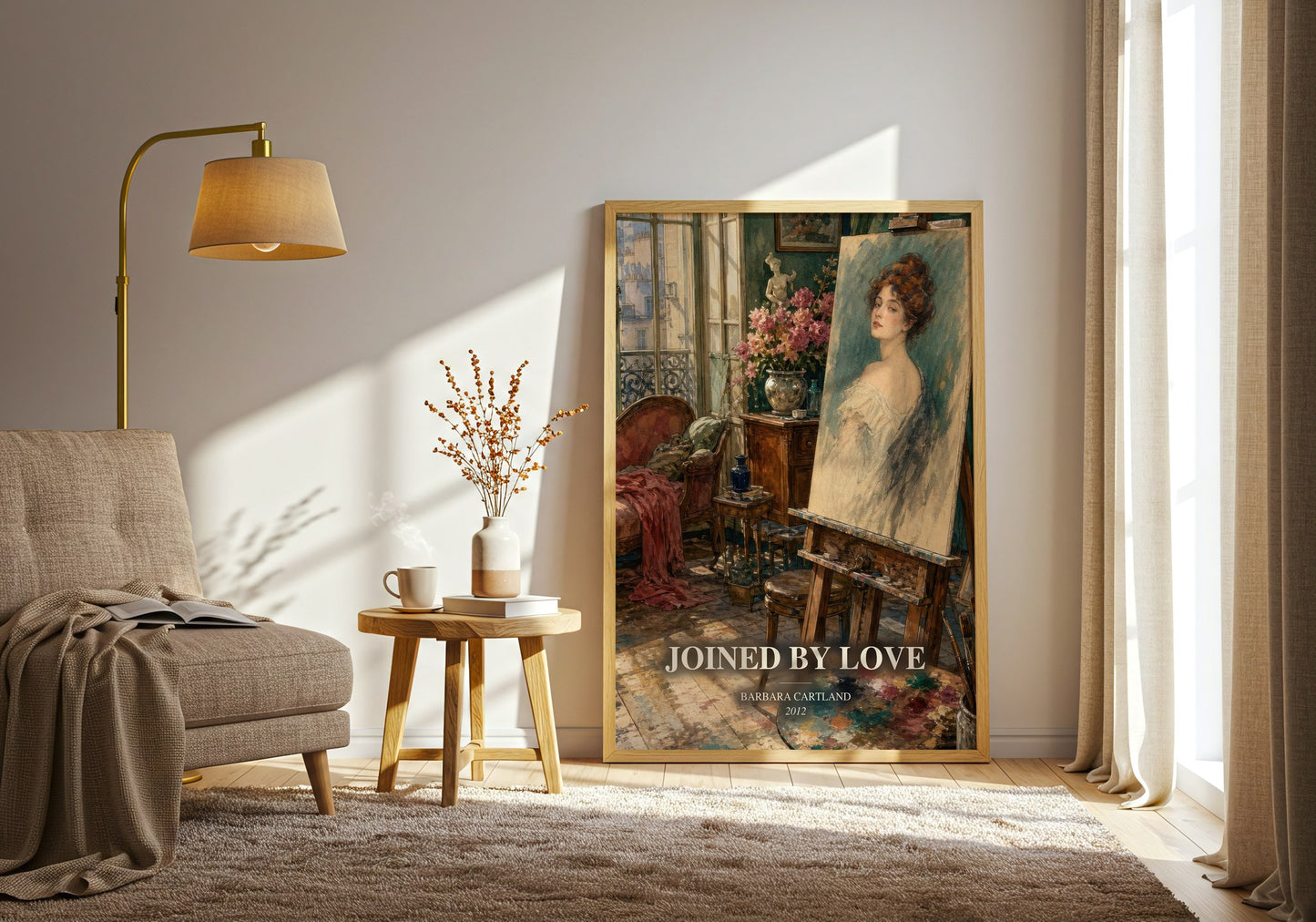 Joined By Love watercolour print in frame leaning in hallway – romance wall art