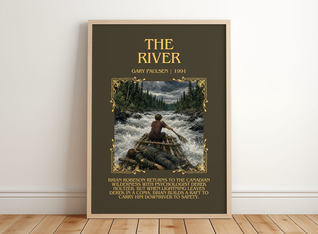 The River Minimalist Book Poster by Gary Paulsen – framed print leaning on a wooden floor