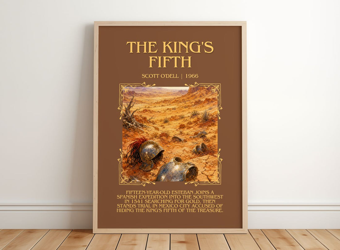 The King's Fifth Minimalist Book Poster by Scott O'Dell – framed print leaning on a wooden floor