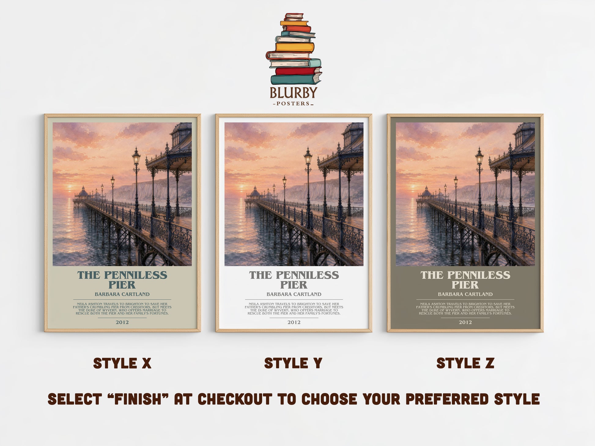The Penniless Pier bookish print in frame leaning in hallway – romance wall art