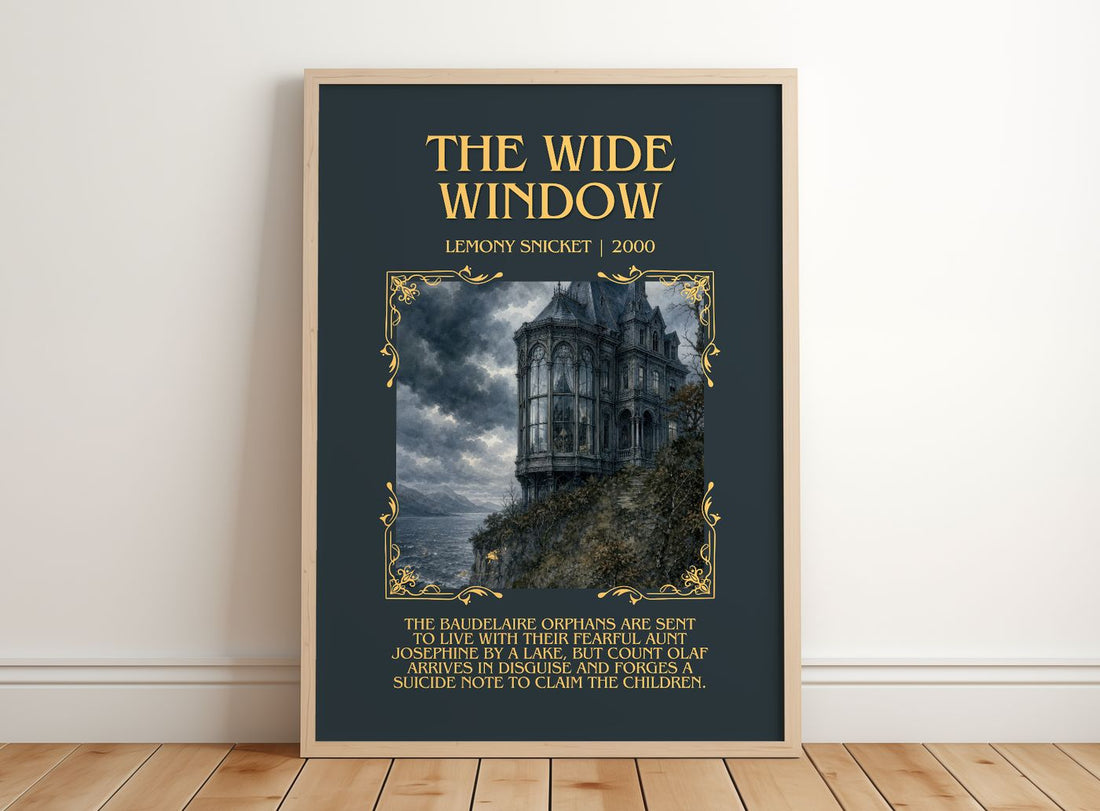 The Wide Window Minimalist Book Poster by Lemony Snicket – framed print leaning on a wooden floor
