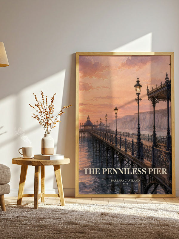 The Penniless Pier watercolour print in frame leaning in hallway – romance wall art