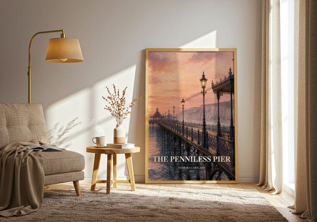 The Penniless Pier watercolour print in frame leaning in hallway – romance wall art (mockup)