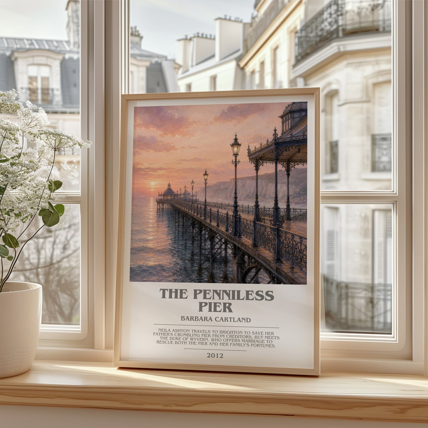 The Penniless Pier bookish poster colour and style options – Barbara Cartland book art
