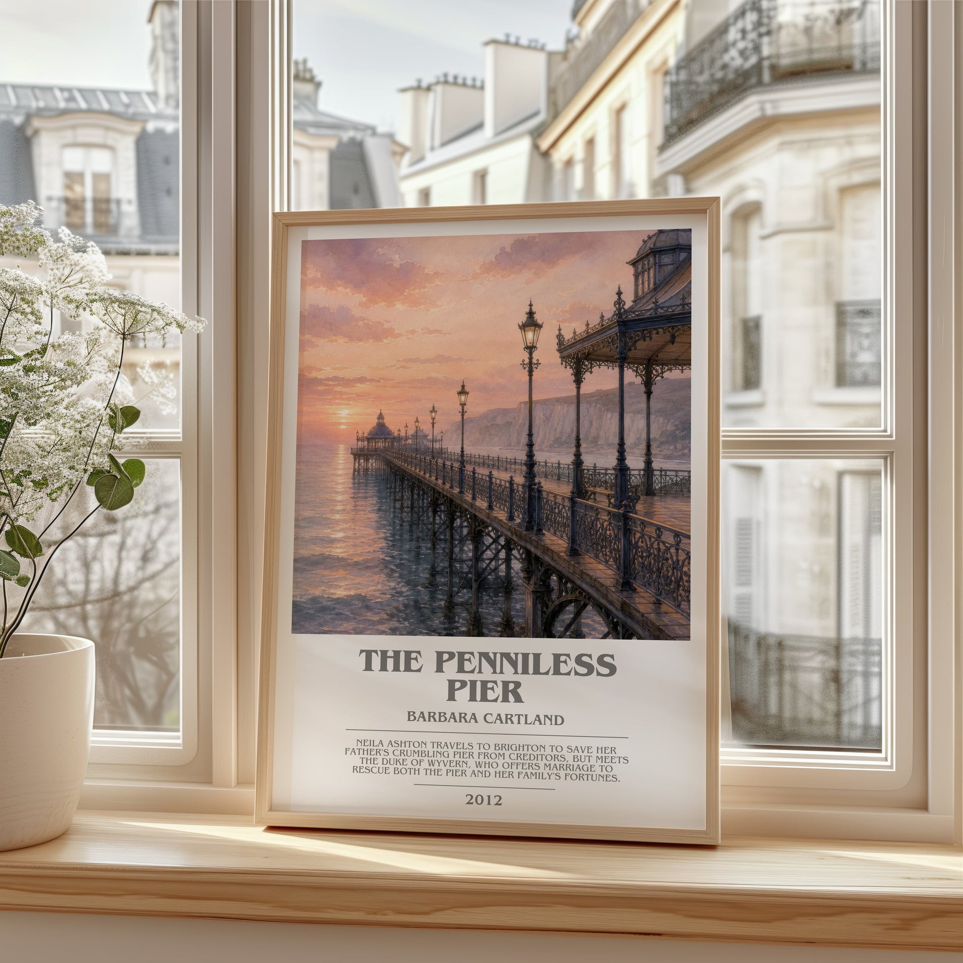 The Penniless Pier bookish poster colour and style options – Barbara Cartland book art