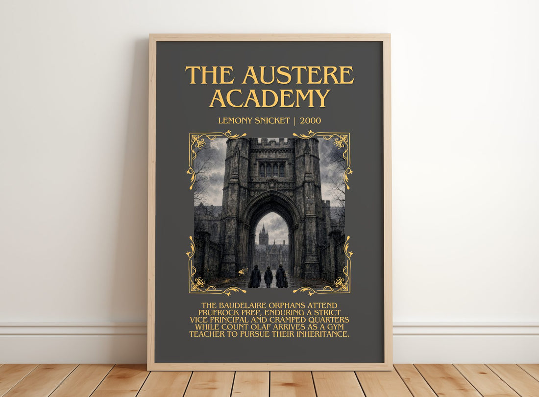 The Austere Academy Minimalist Book Poster by Lemony Snicket – framed print leaning on a wooden floor