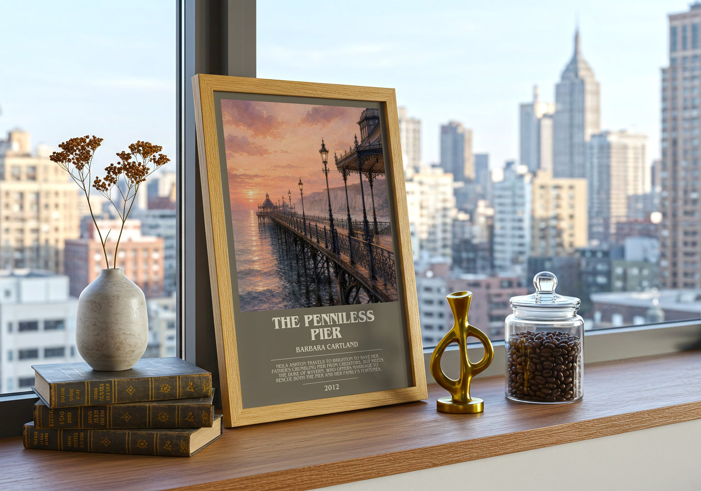 The Penniless Pier bookish print framed by window – literary home decor