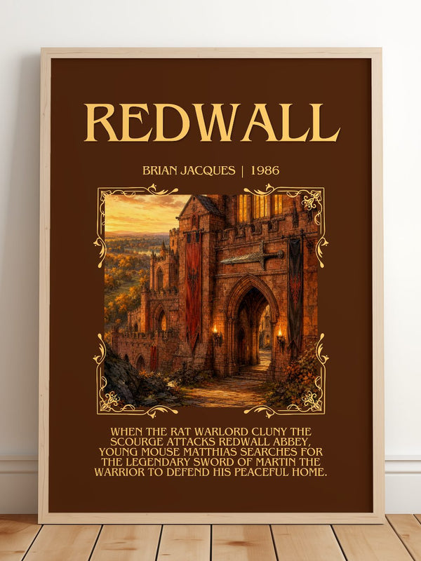 Redwall Minimalist Book Poster by Brian Jacques – framed print leaning on a wooden floor