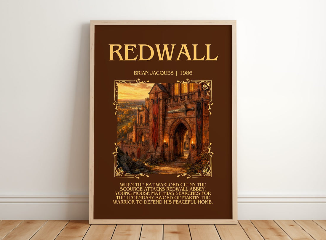 Redwall Minimalist Book Poster by Brian Jacques – framed print leaning on a wooden floor
