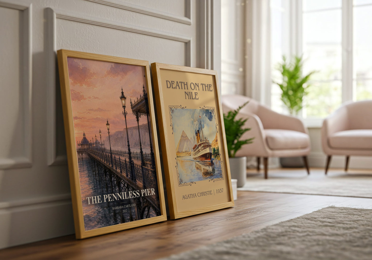 The Penniless Pier watercolour print framed by window – literary home decor