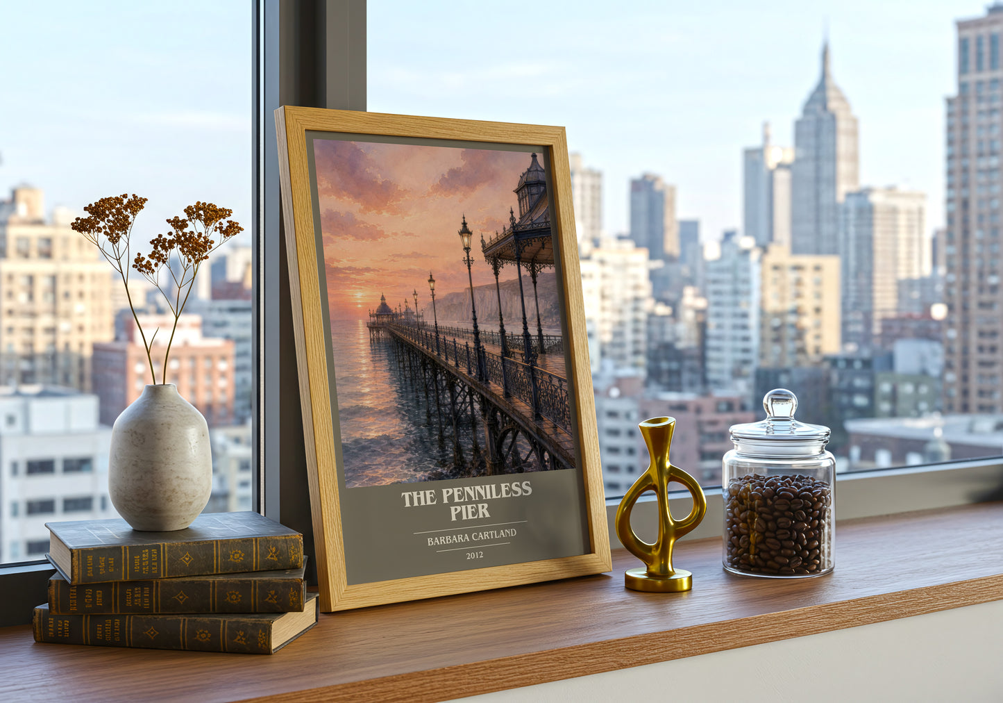 The Penniless Pier book cover print framed by window – literary home decor