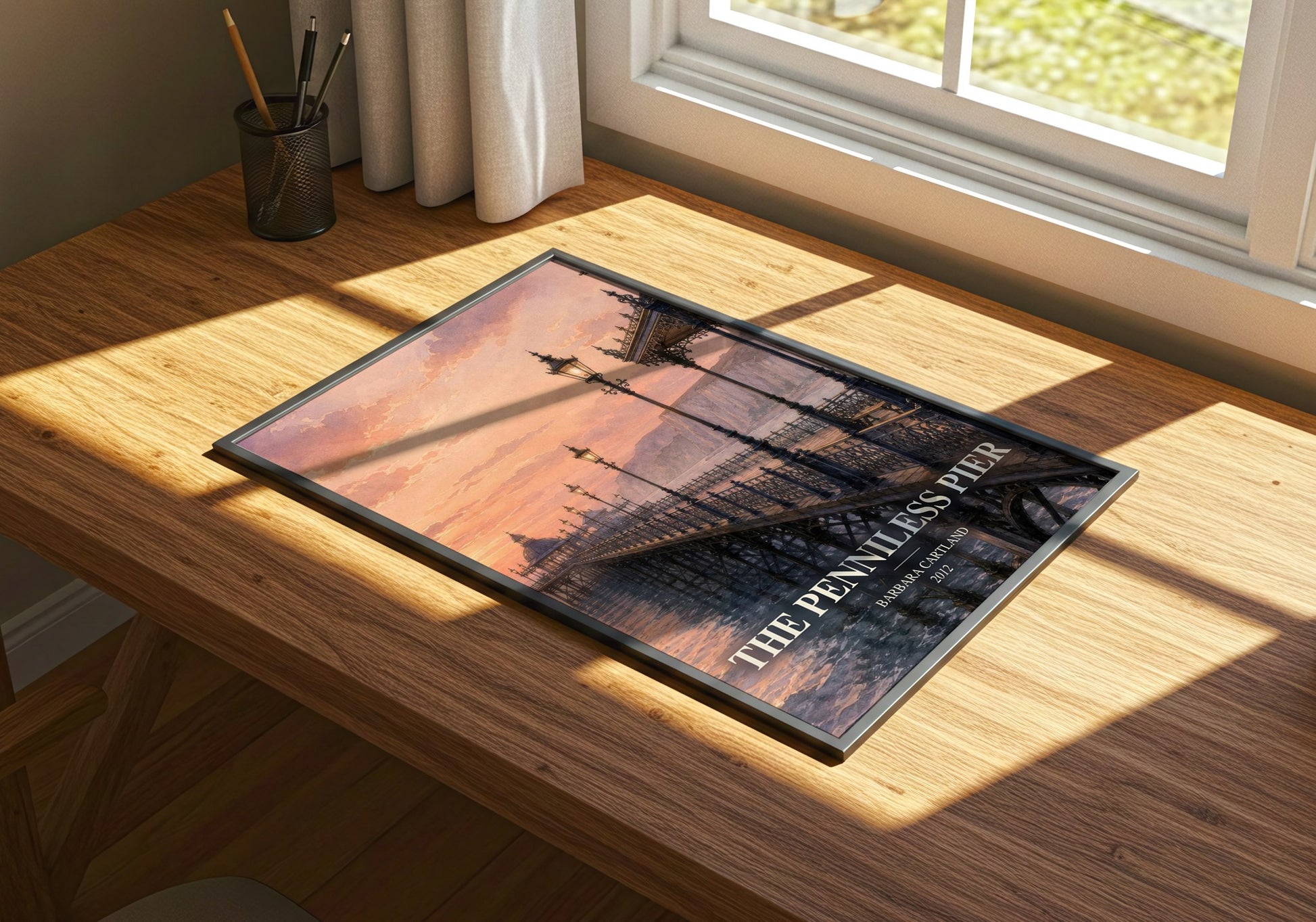 The Penniless Pier watercolour book poster framed on wall – romance wall art