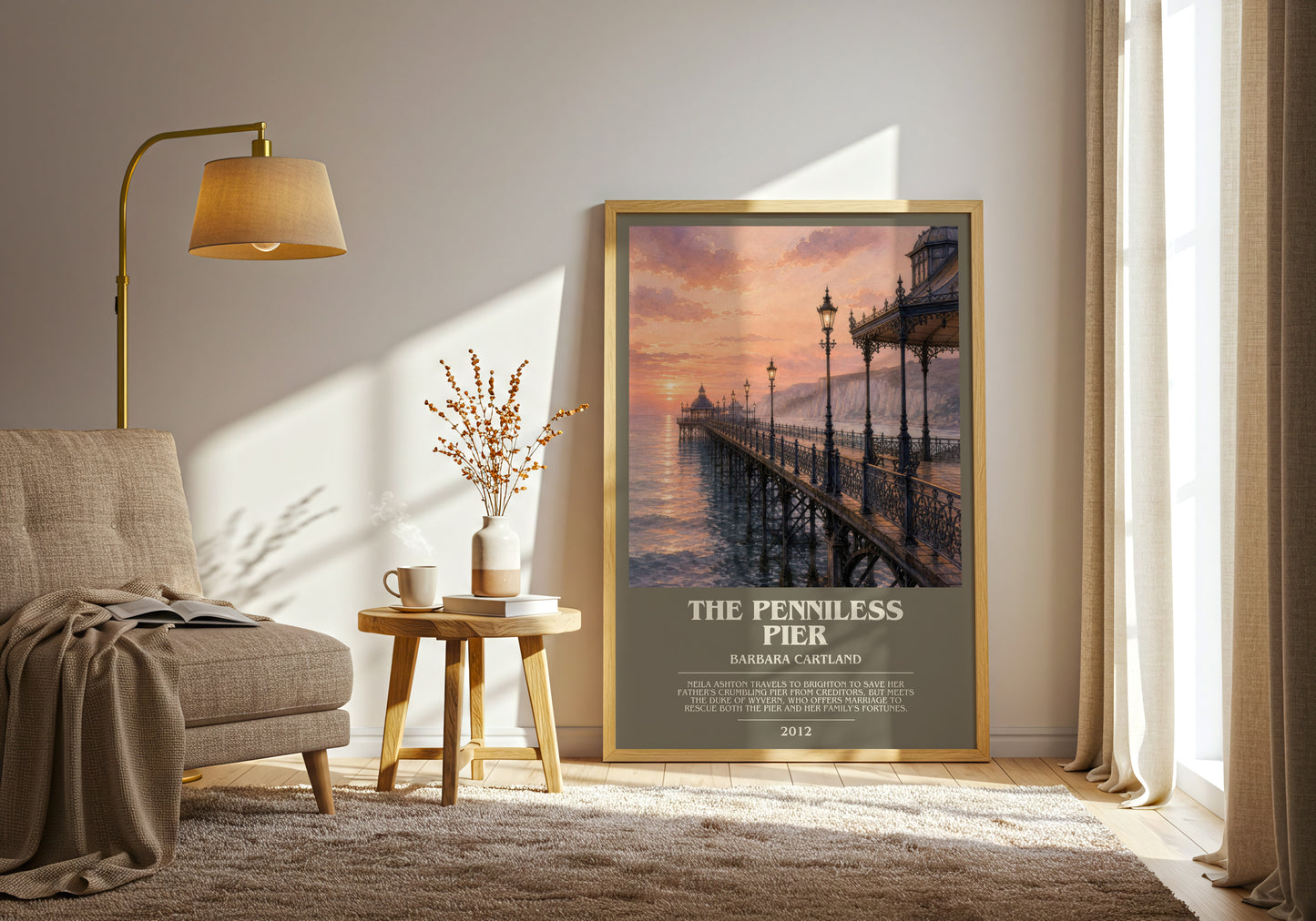 The Penniless Pier bookish print on bookshelf – Barbara Cartland fan gift