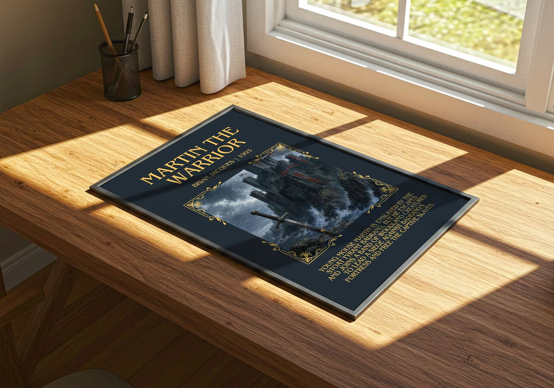 Martin the Warrior Minimalist Book Poster by Brian Jacques – print on a sunlit desk