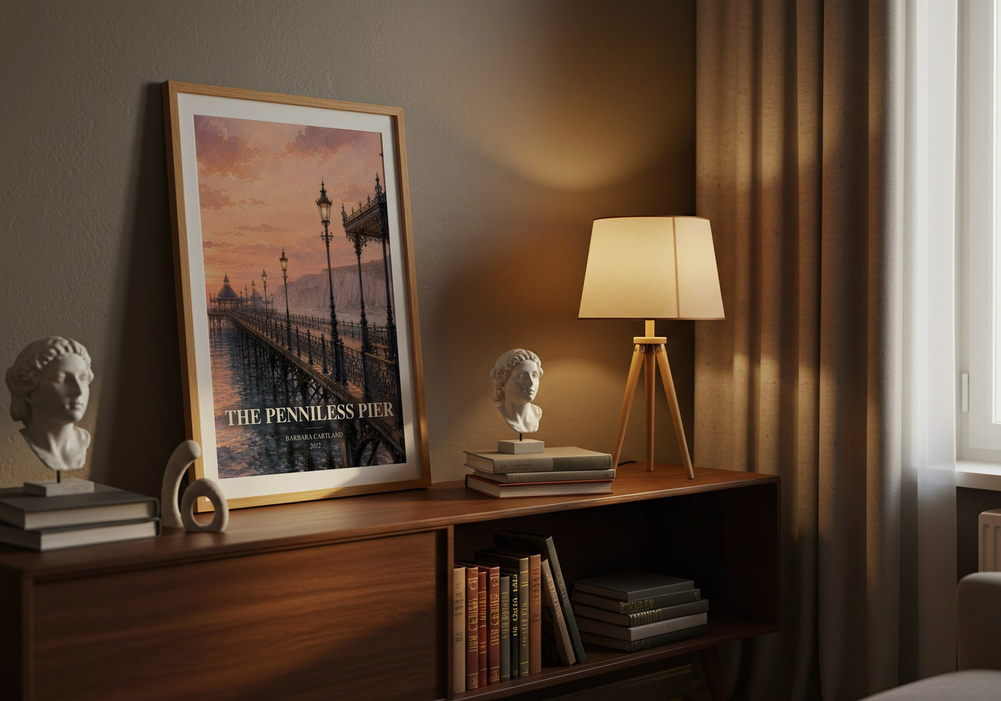 The Penniless Pier watercolour print on bookshelf – Barbara Cartland fan gift