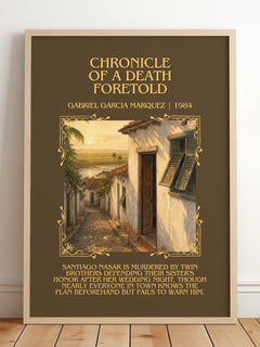 Chronicle of a Death Foretold Minimalist Book Poster by G. Márquez – framed print leaning on a wooden floor