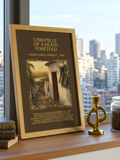 Chronicle of a Death Foretold Minimalist Book Poster by G. Márquez – framed print on a city-view windowsill