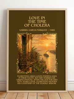 Love in the Time of Cholera Minimalist Book Poster by G. Márquez – framed print leaning on a wooden floor
