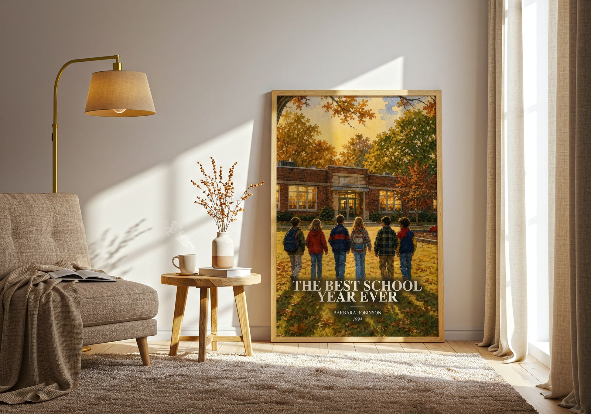 The Best School Year Ever watercolour print in frame leaning in hallway – childrens wall art