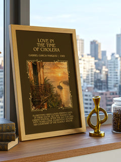 Love in the Time of Cholera Minimalist Book Poster by G. Márquez – framed print on a city-view windowsill