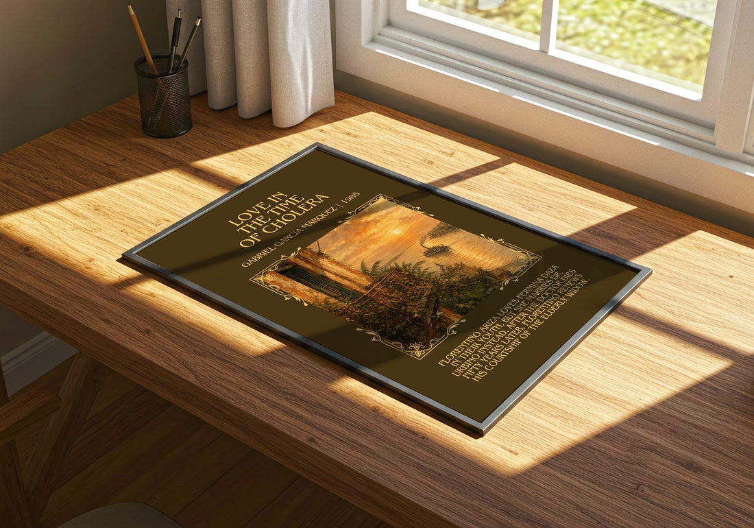 Love in the Time of Cholera Minimalist Book Poster by G. Márquez – print on a sunlit desk