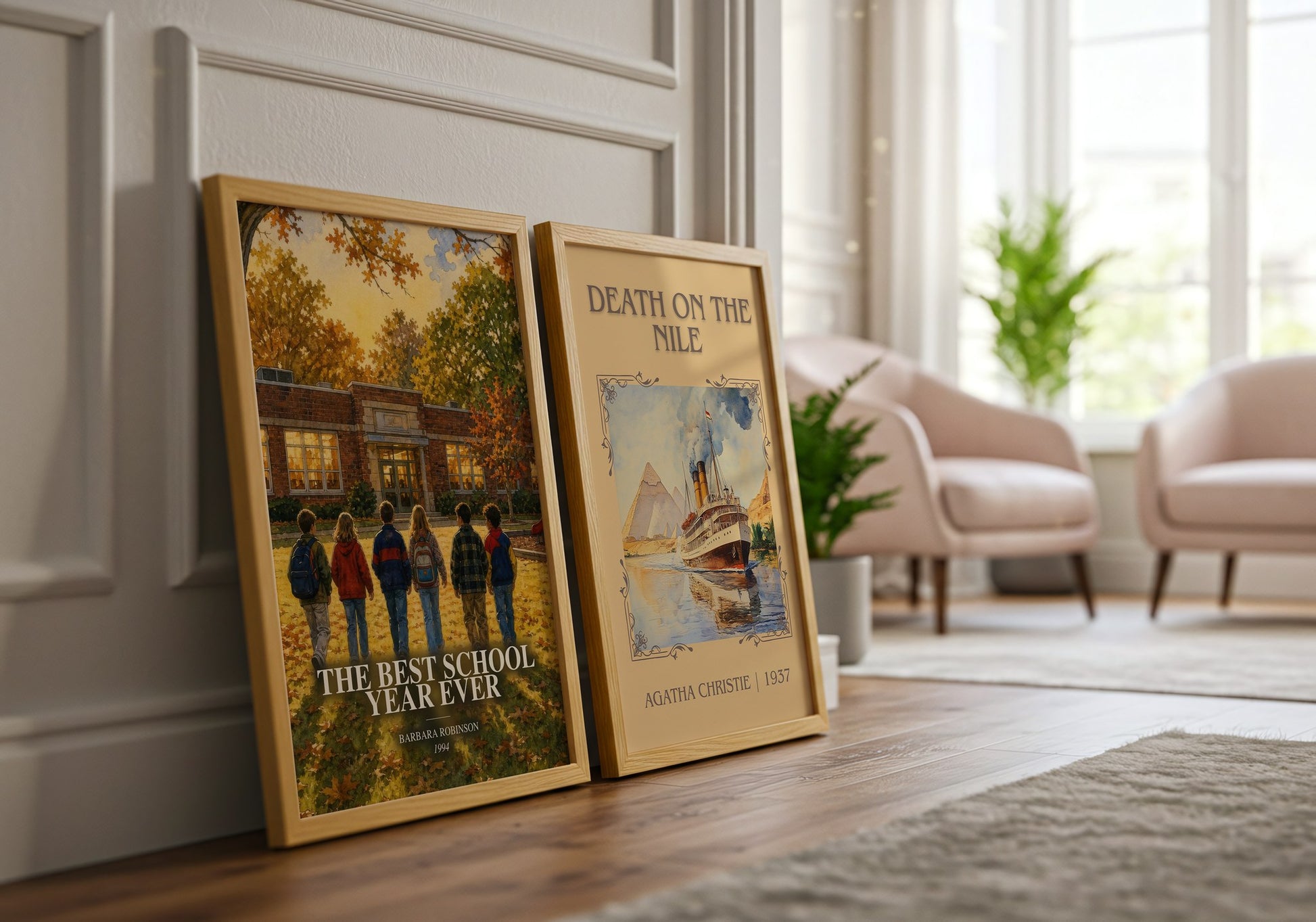 The Best School Year Ever watercolour print framed by window – literary home decor