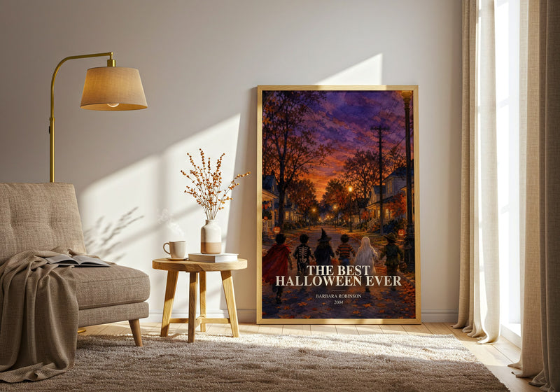 The Best Halloween Ever watercolour print in frame leaning in hallway – childrens wall art