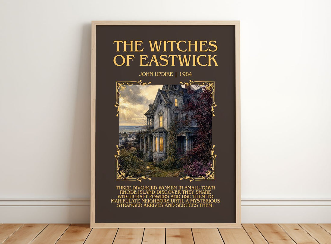 The Witches of Eastwick Minimalist Book Poster by John Updike – framed print leaning on a wooden floor