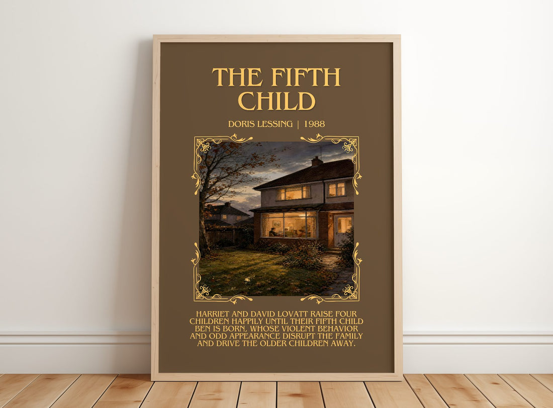 The Fifth Child Minimalist Book Poster by Doris Lessing – framed print leaning on a wooden floor