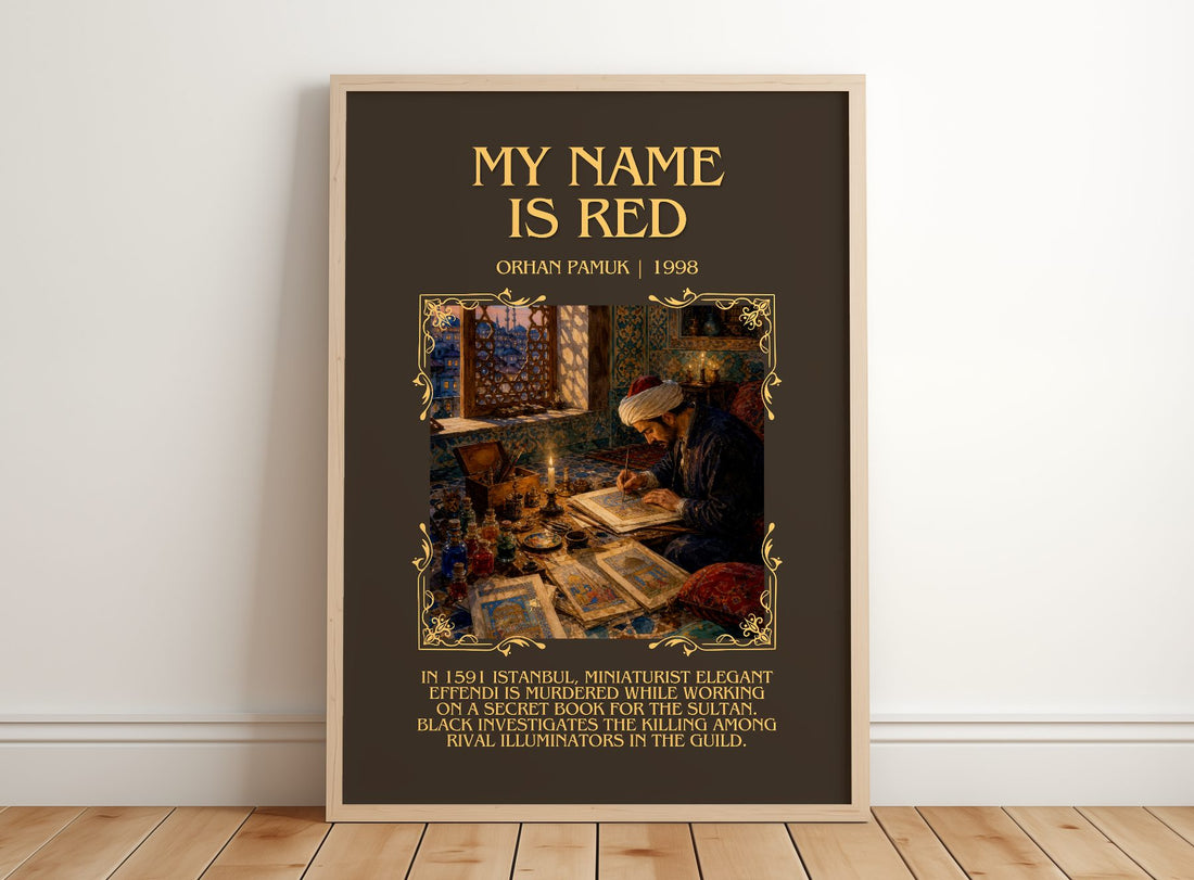 My Name Is Red Minimalist Book Poster by Orhan Pamuk – framed print leaning on a wooden floor