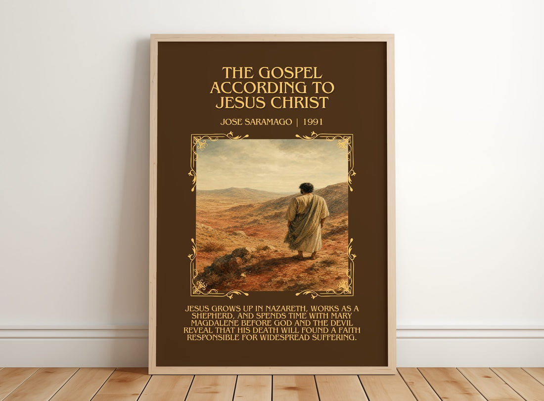 Gospel According to Jesus Christ Minimalist Book Poster by J. Saramago – framed print leaning on a wooden floor