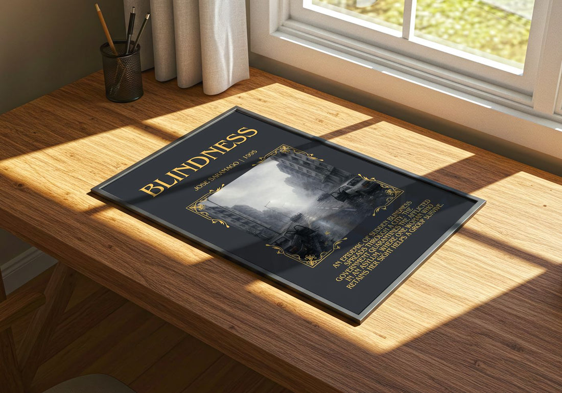 Blindness Minimalist Book Poster by José Saramago – print on a sunlit desk