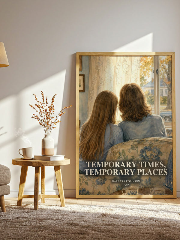 Temporary Times, Temporary Places watercolour print in frame leaning in hallway – childrens wall art