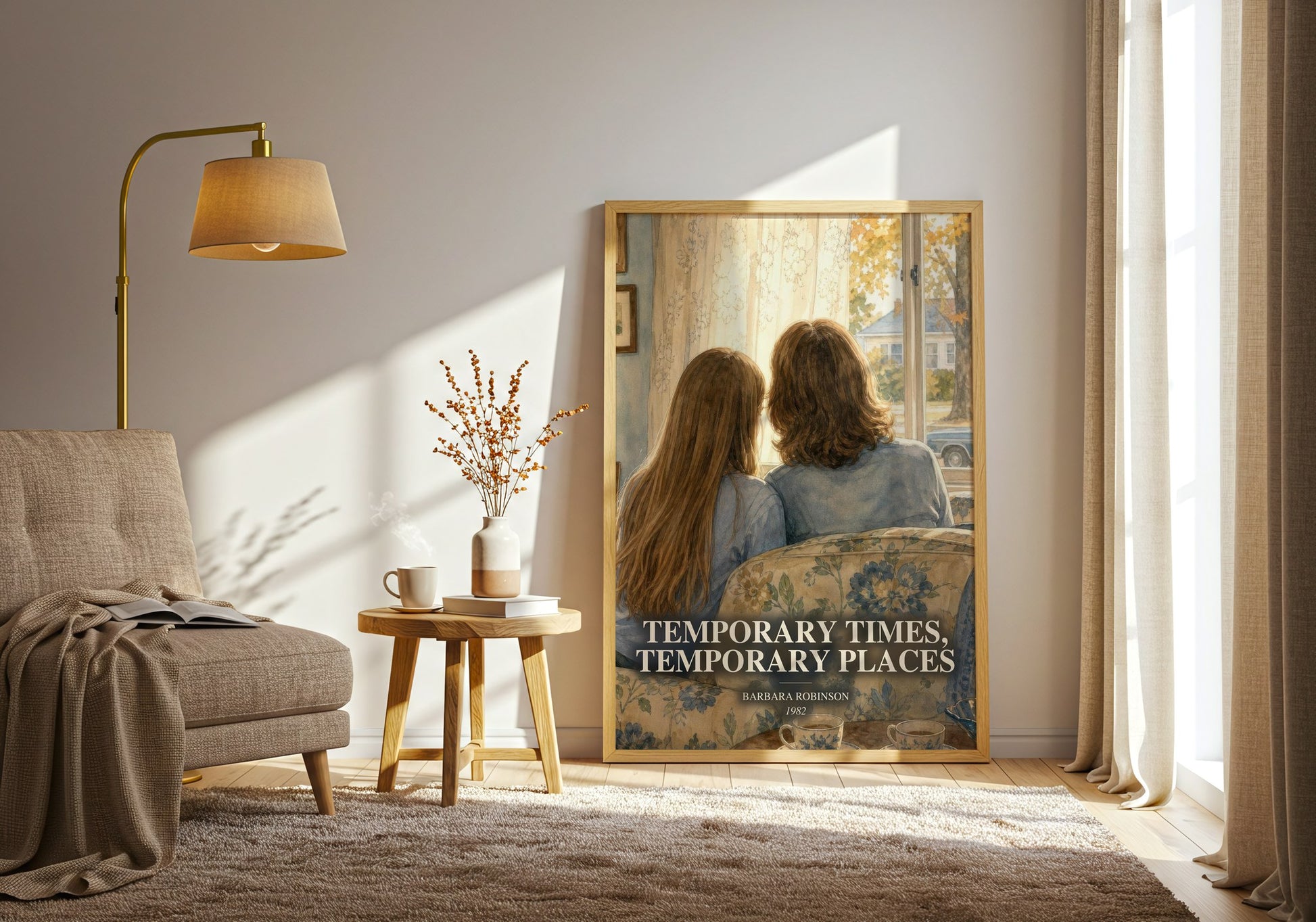 Temporary Times, Temporary Places watercolour print in frame leaning in hallway – childrens wall art