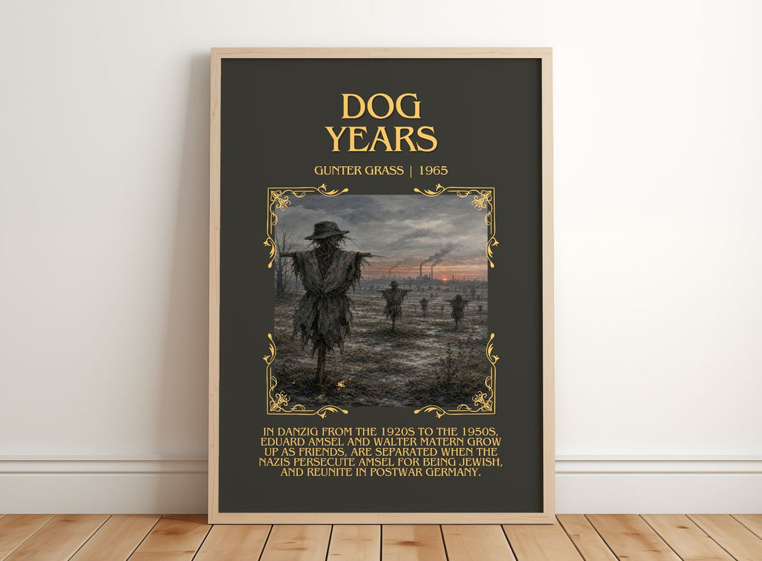 Dog Years Minimalist Book Poster by Günter Grass – framed print leaning on a wooden floor