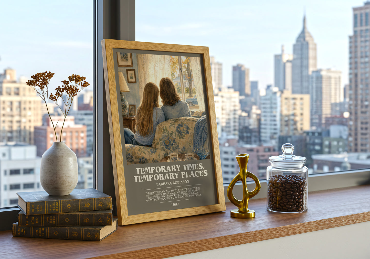 Temporary Times, Temporary Places bookish print framed by window – literary home decor