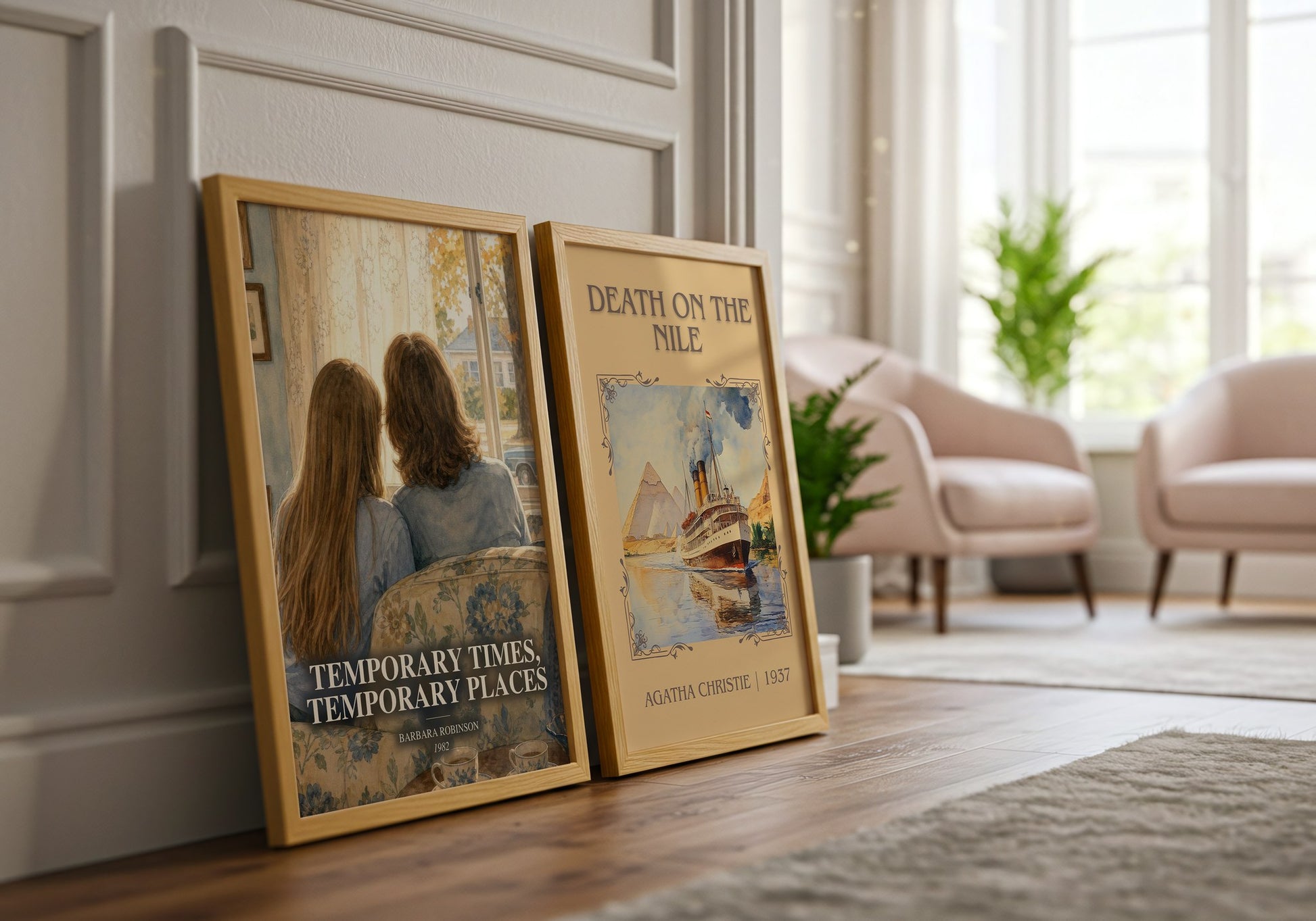 Temporary Times, Temporary Places watercolour print framed by window – literary home decor
