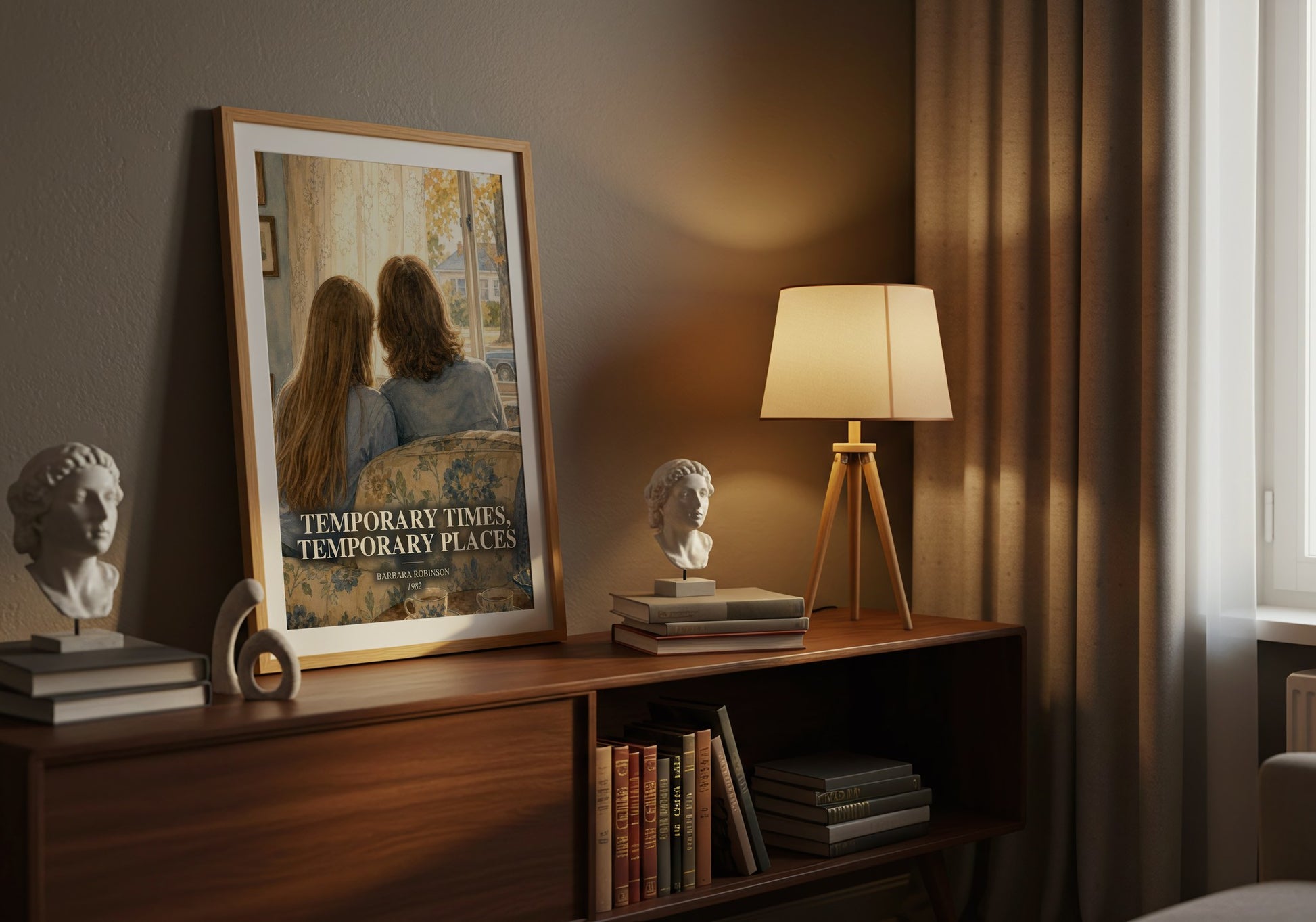 Temporary Times, Temporary Places watercolour print on bookshelf – Barbara Robinson fan gift