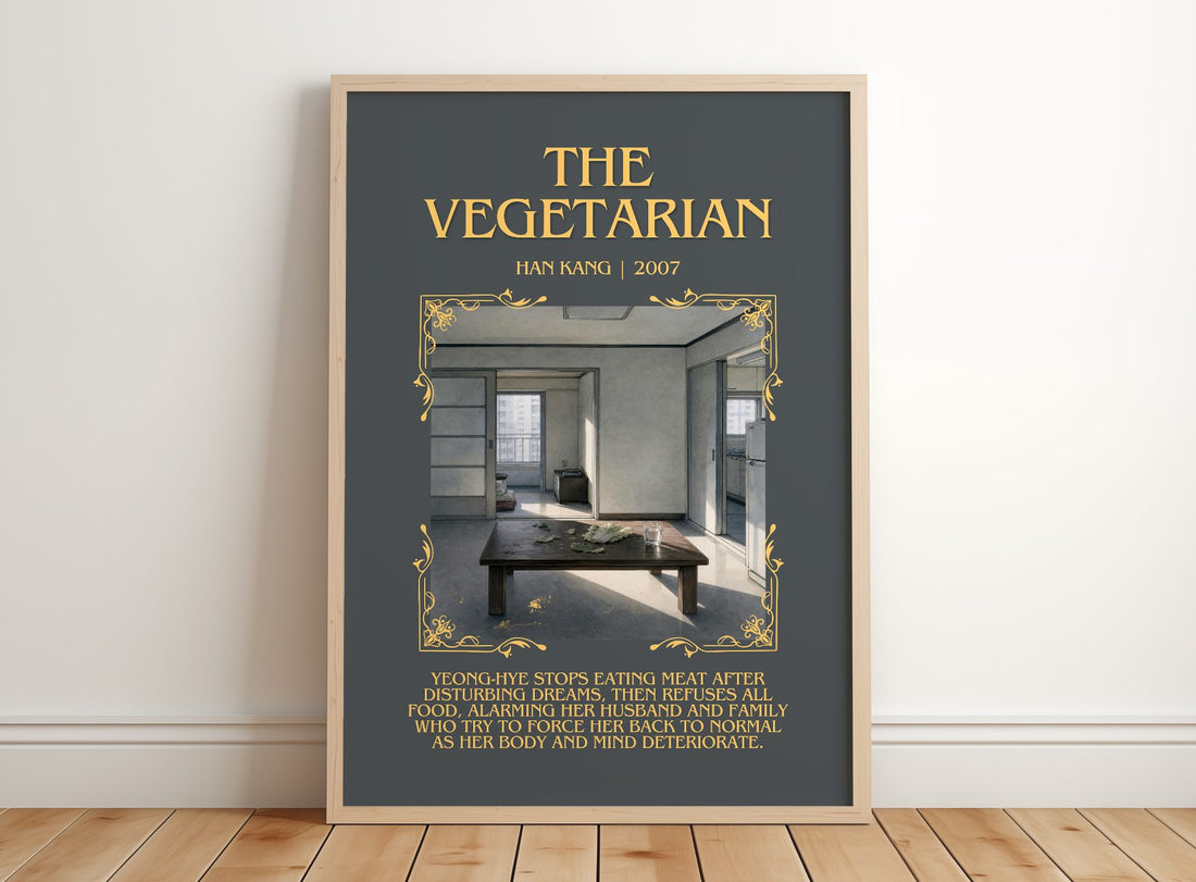 The Vegetarian Minimalist Book Poster by Han Kang – framed print leaning on a wooden floor