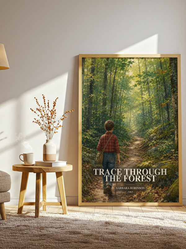 Trace Through The Forest watercolour print in frame leaning in hallway – childrens wall art