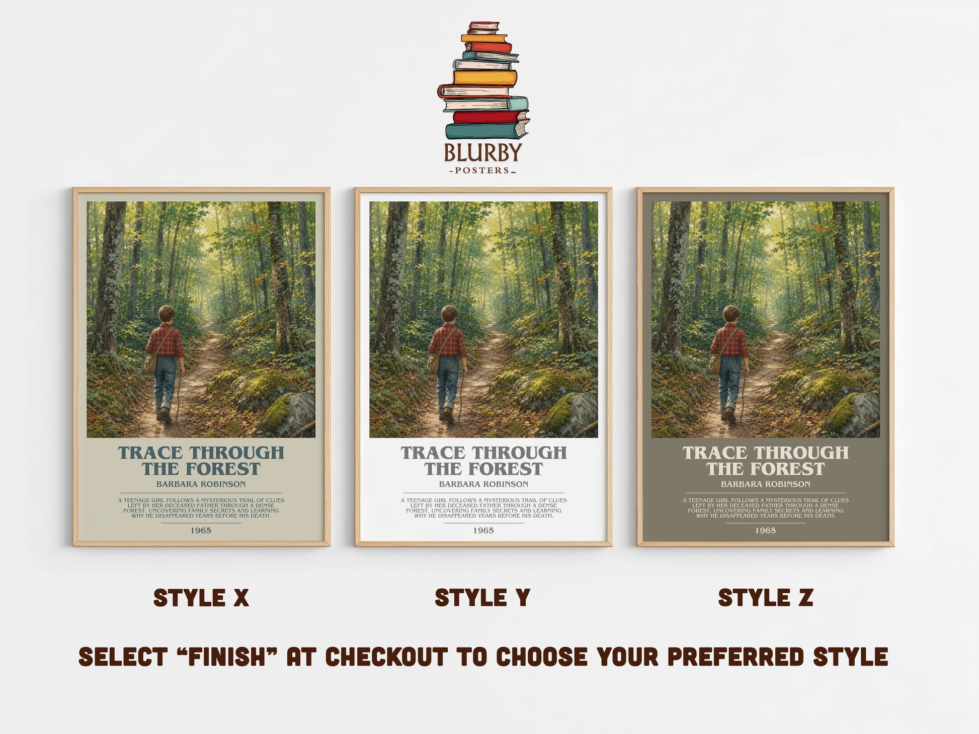 Trace Through The Forest bookish print in frame leaning in hallway – childrens wall art