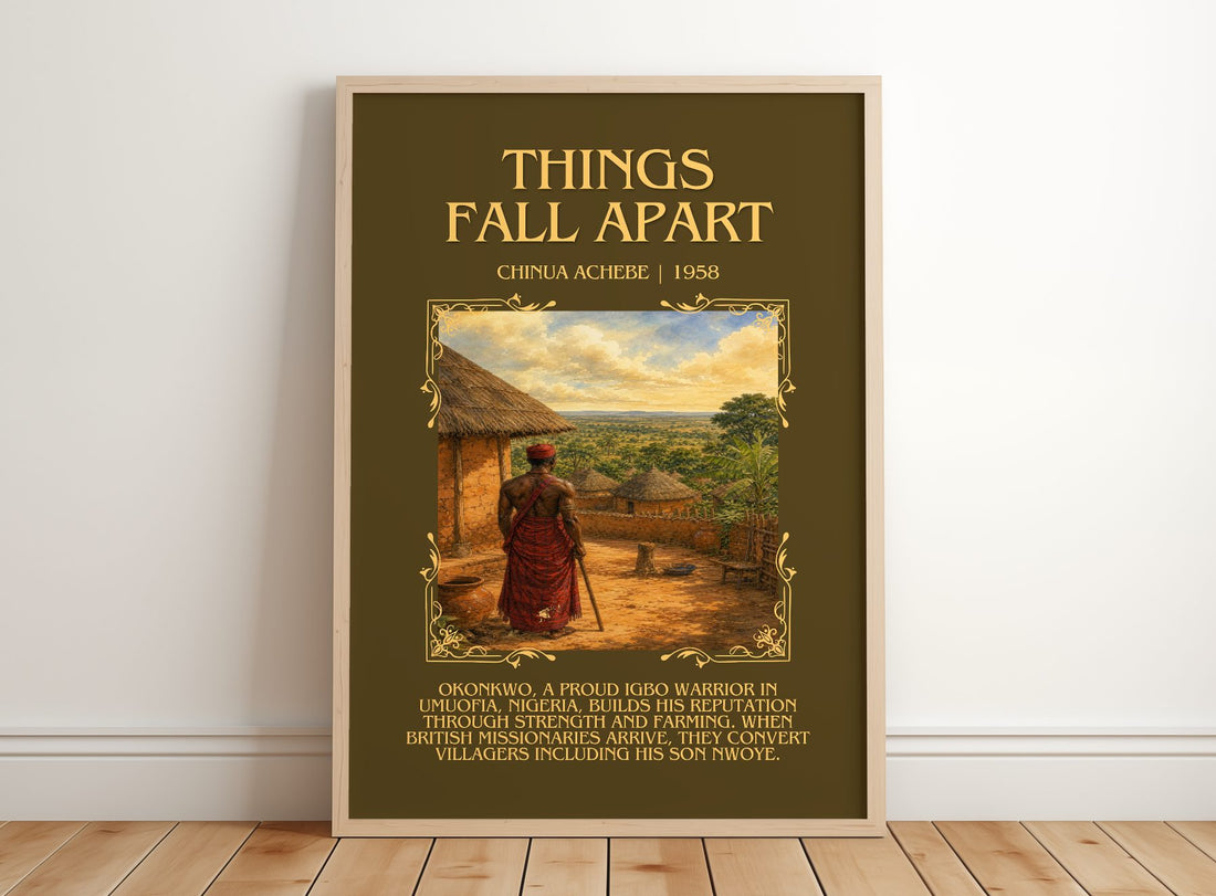 Things Fall Apart Minimalist Book Poster by Chinua Achebe – framed print leaning on a wooden floor