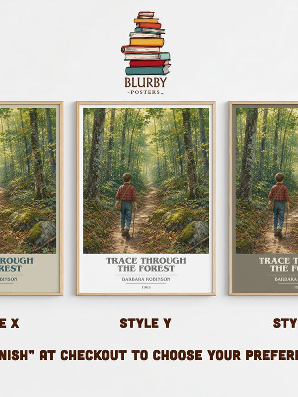 Trace Through The Forest book cover print in frame leaning in hallway – childrens wall art