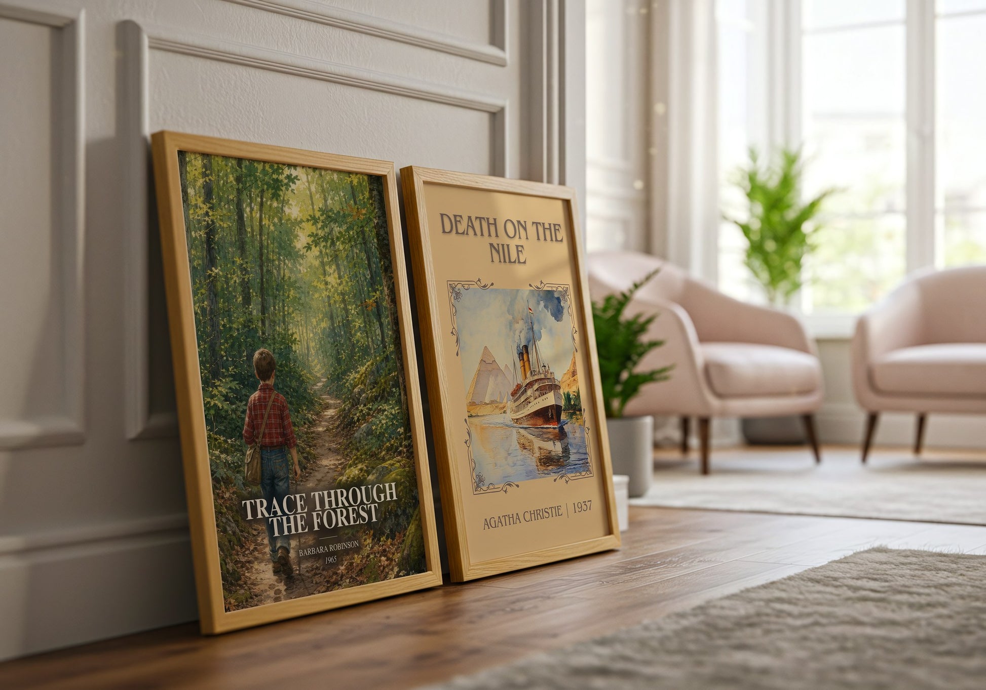 Trace Through The Forest watercolour print framed by window – literary home decor