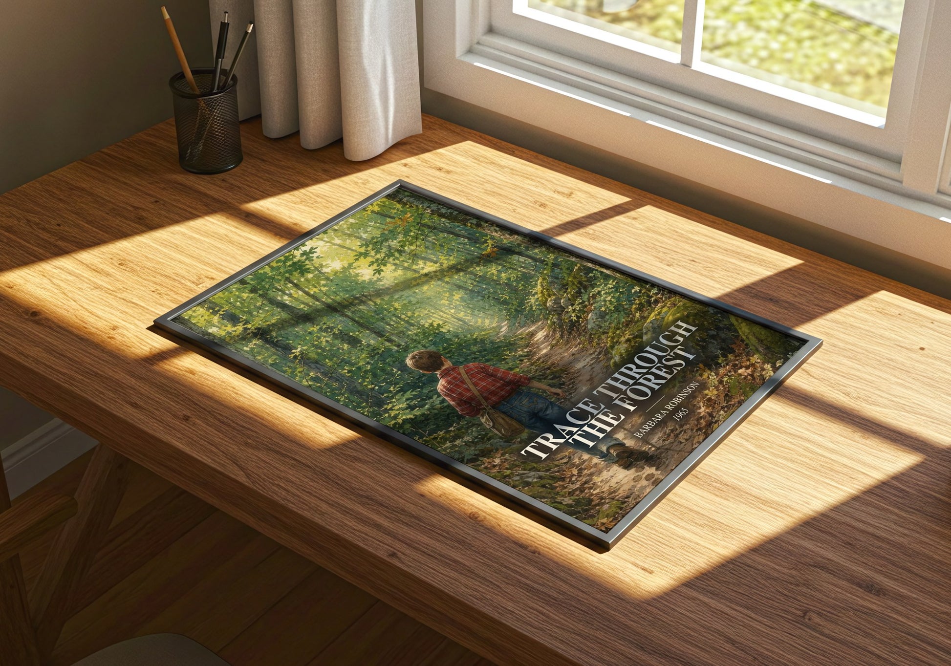 Trace Through The Forest watercolour book poster framed on wall – childrens wall art