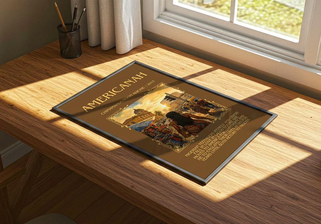 Americanah Minimalist Book Poster by Chimamanda Ngozi Adichie – print on a sunlit desk